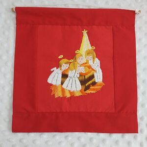 Vintage Angels Nativity Needlepoint Banner Embroidery Mid Century Christmas Wall